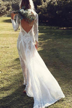 Sheath Bateau Long Sleeves Backless Chiffon Wedding Dress with Lace WD400 by pgmdress