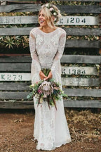 Sheath Bateau Long Sleeves Backless Chiffon Wedding Dress with Lace WD400 by pgmdress