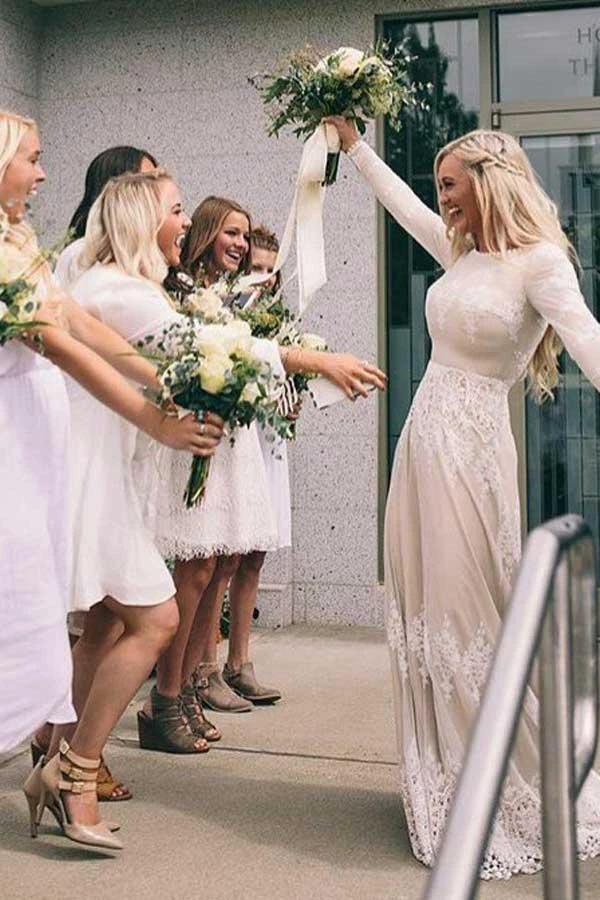 A-Line Bateau Long Sleeves Ivory Tulle Wedding Dress with Appliques WD399 by pgmdress