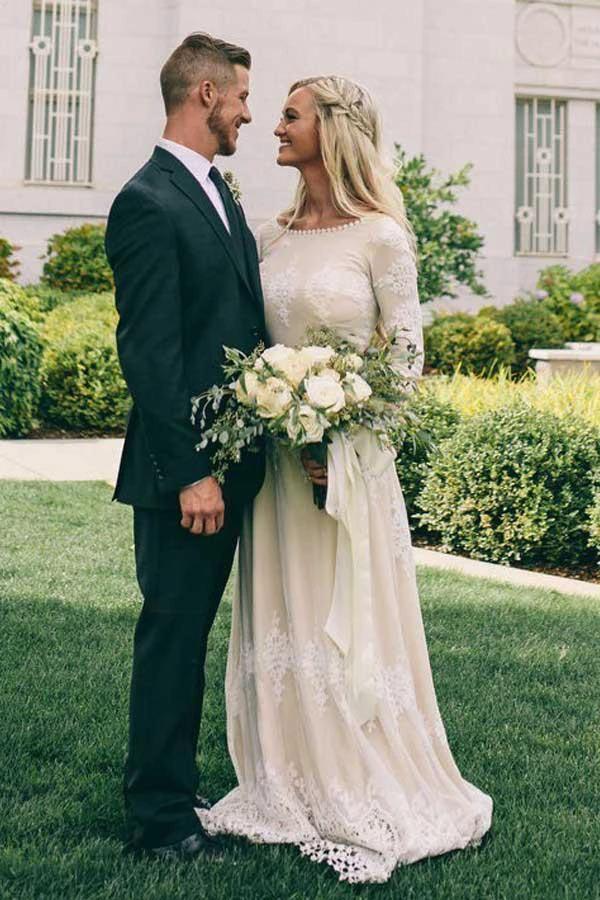 A-Line Bateau Long Sleeves Ivory Tulle Wedding Dress with Appliques WD399 by pgmdress