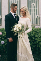 A-Line Bateau Long Sleeves Ivory Tulle Wedding Dress with Appliques WD399 by pgmdress