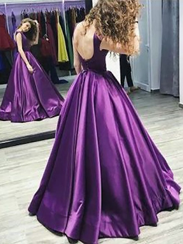 A-Line Bateau Sleeveless Floor-Length With Ruffles Satin Prom Dresses Main Image