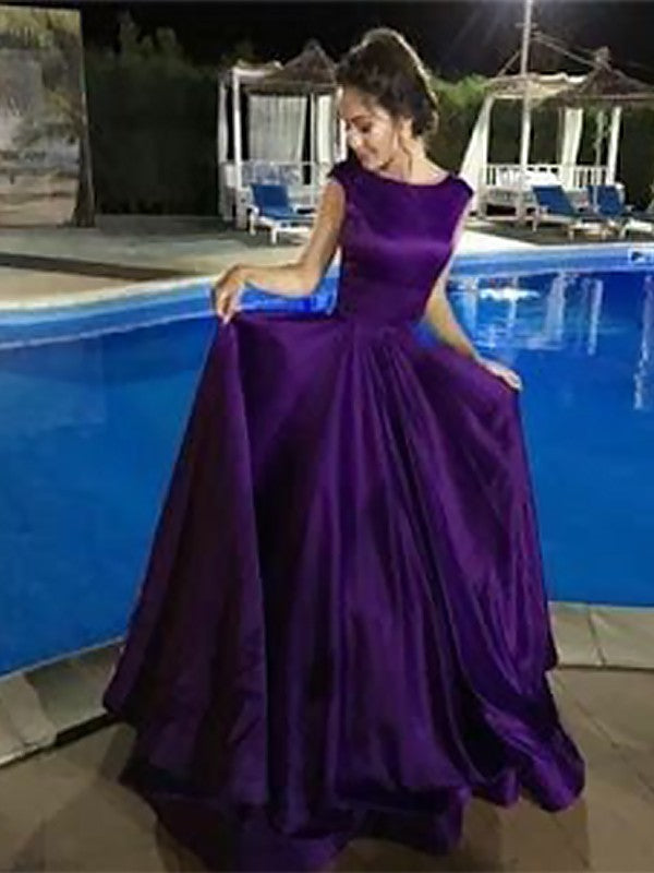 A-Line Bateau Sleeveless Floor-Length With Ruffles Satin Prom Dresses Hover Image