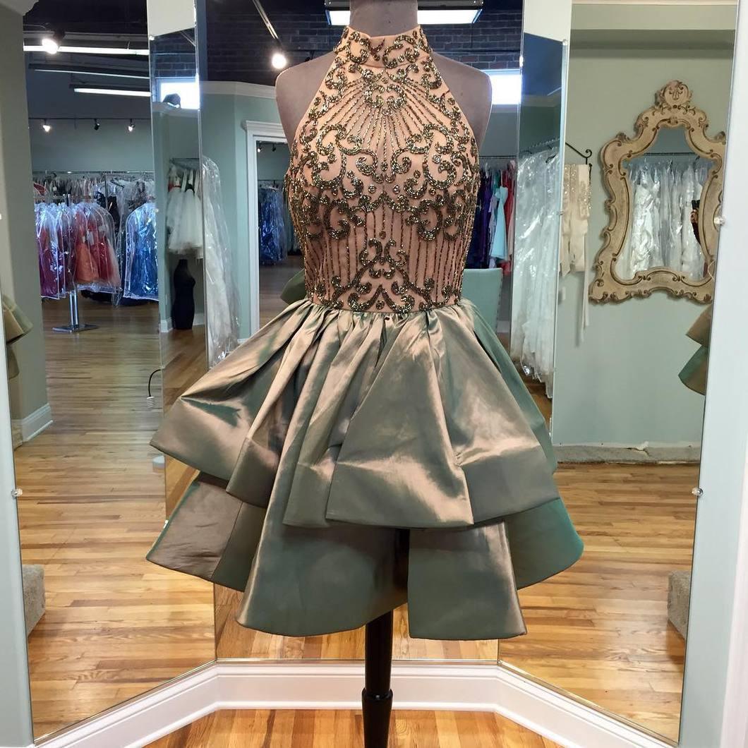 Vestido corto de satén con escote halter y cuentas, corte A, para fiesta de bienvenida, PG166