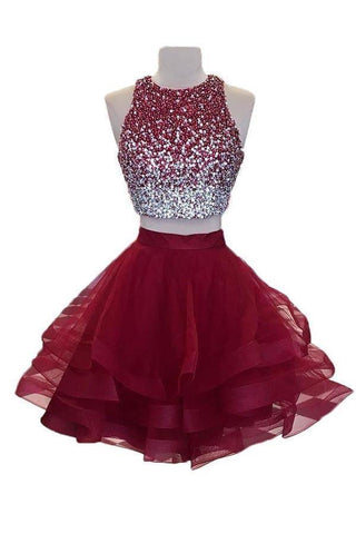 Vestido de fiesta de dos piezas de organza burdeos con escote en A y parte superior con cuentas PD170