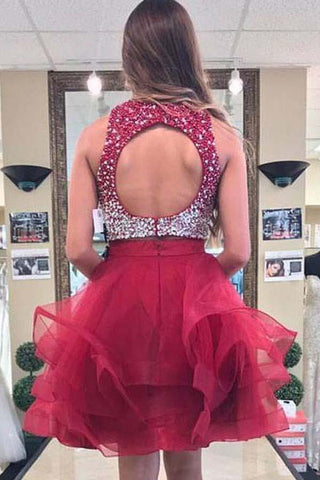 Vestido de fiesta de dos piezas de organza burdeos con escote en A y parte superior con cuentas PD170