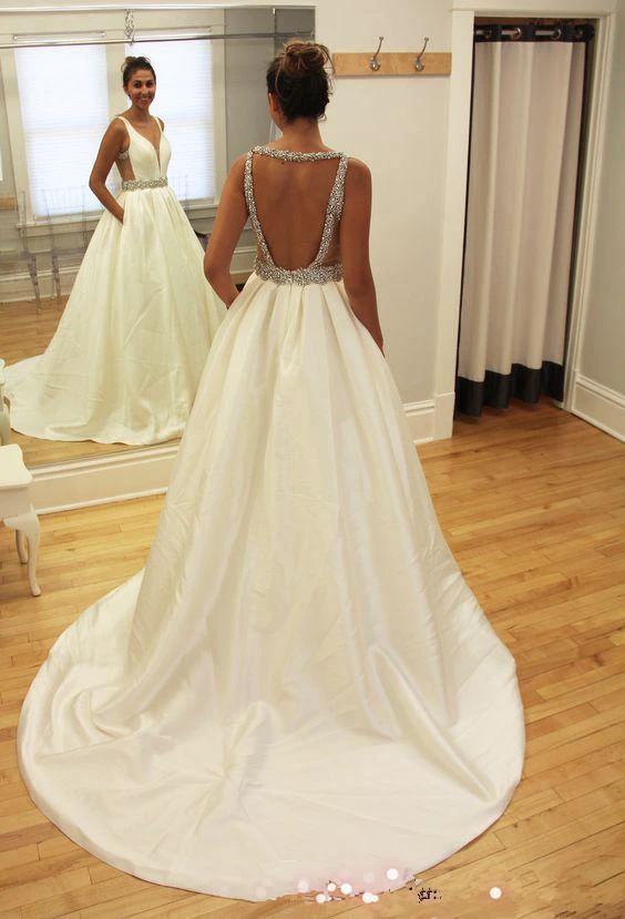 A-line Beads Sleeveless V-neck Sweep-Train Wedding Dress WD050 by pgmdress