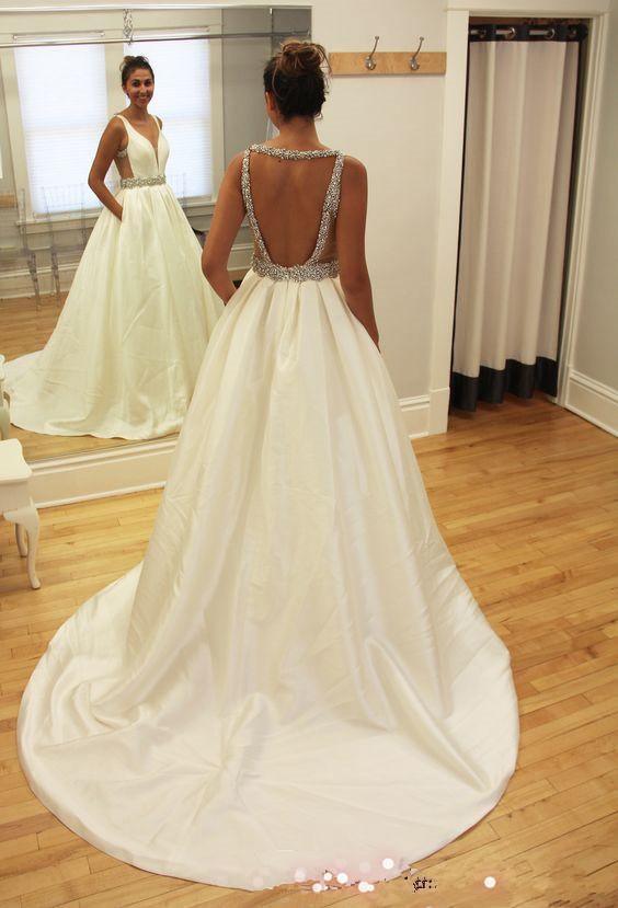 A-line Beads Sleeveless V-neck Sweep-Train Wedding Dress WD050 Hover Image