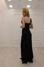 A-line Black One Shoulder Glitter Sleeveless Prom Dress With Slit by misshow.com
