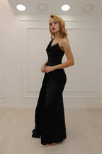 A-line Black One Shoulder Glitter Sleeveless Prom Dress With Slit by misshow.com