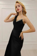 A-line Black One Shoulder Glitter Sleeveless Prom Dress With Slit by misshow.com