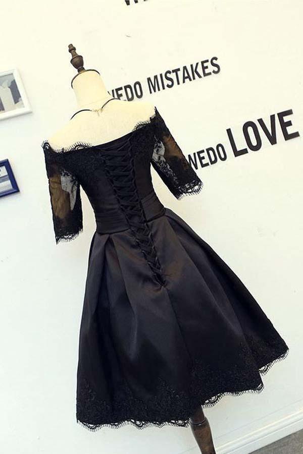 A-line Black Short Sleeves Homecoming Dresses With Lace Applique PD134 Main Image
