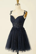 A-line Black Spaghetti Straps Sleeveless Appliques Homecoming Dresses by misshow.com