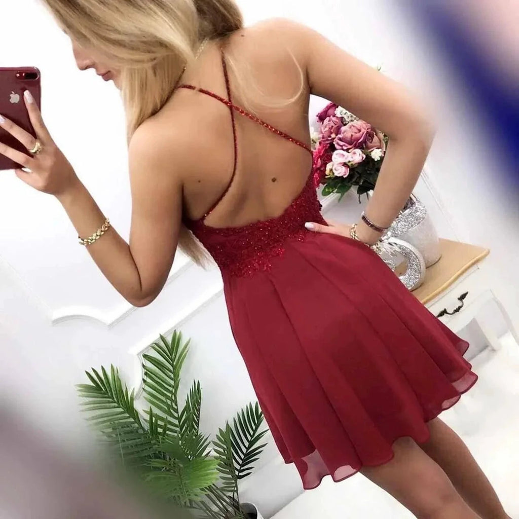 A-Line Burgundy Chiffon Halter Appliques Short Homecoming Dress PD399 by pgmdress