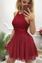 A-Line Burgundy Chiffon Halter Appliques Short Homecoming Dress PD399 by pgmdress