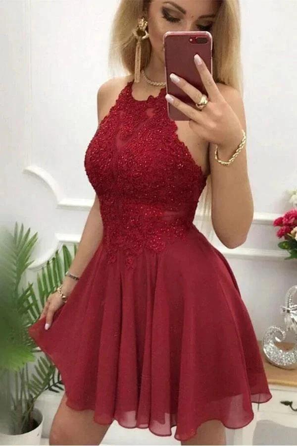 A-Line Burgundy Chiffon Halter Appliques Short Homecoming Dress PD399 by pgmdress