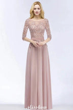 A-line Chiffon Appliques Bridesmaid Dresses Jewel Half-Sleeves Floor-Length Evening Gown with Sash by misshow.com