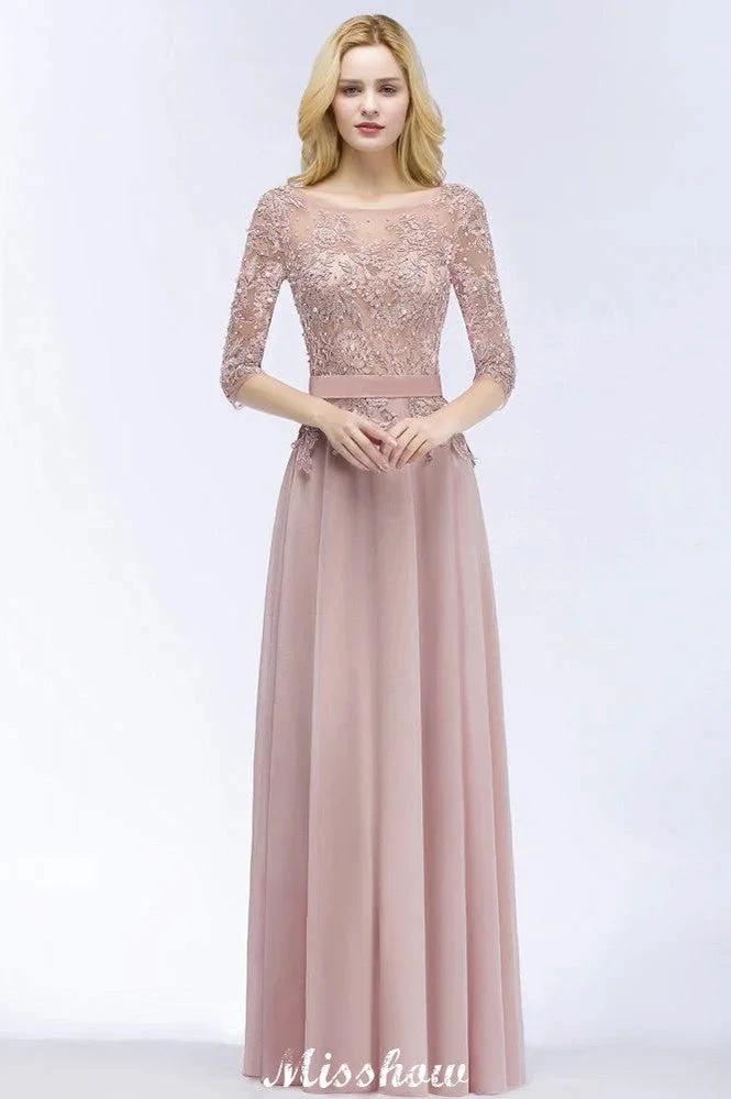 A-line Chiffon Appliques Bridesmaid Dresses Jewel Half-Sleeves Floor-Length Evening Gown with Sash by misshow.com