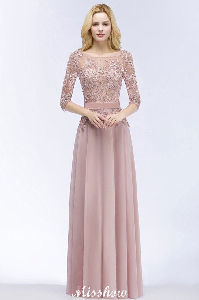 A-line Chiffon Appliques Bridesmaid Dresses Jewel Half-Sleeves Floor-Length Evening Gown with Sash Main Image