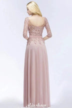 A-line Chiffon Appliques Bridesmaid Dresses Jewel Half-Sleeves Floor-Length Evening Gown with Sash by misshow.com