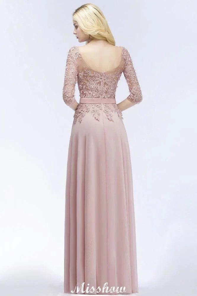 A-line Chiffon Appliques Bridesmaid Dresses Jewel Half-Sleeves Floor-Length Evening Gown with Sash by misshow.com