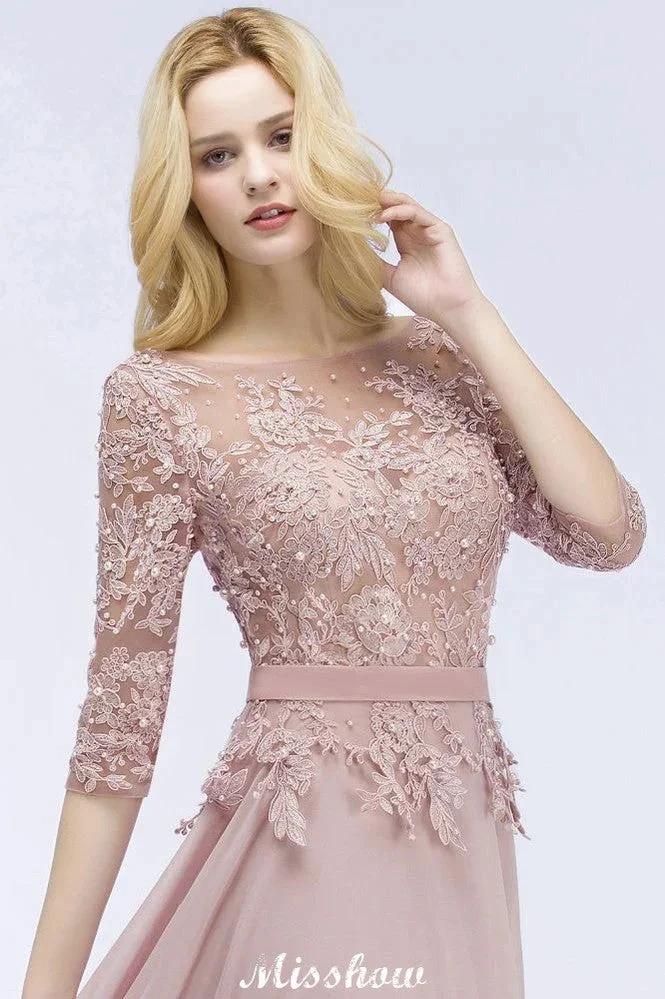 A-line Chiffon Appliques Bridesmaid Dresses Jewel Half-Sleeves Floor-Length Evening Gown with Sash by misshow.com