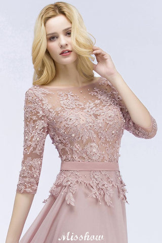 A-line Chiffon Appliques Bridesmaid Dresses Jewel Half-Sleeves Floor-Length Evening Gown with Sash