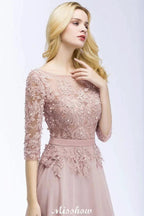 A-line Chiffon Appliques Bridesmaid Dresses Jewel Half-Sleeves Floor-Length Evening Gown with Sash by misshow.com