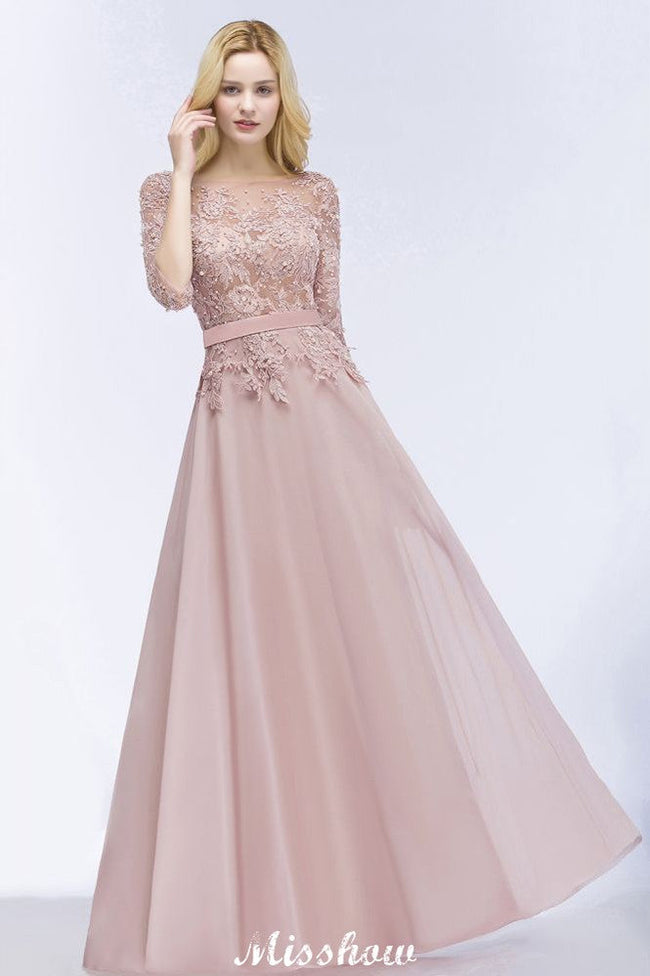 A-line Chiffon Appliques Bridesmaid Dresses Jewel Half-Sleeves Floor-Length Evening Gown with Sash Hover Image