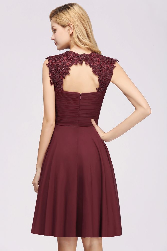 A-line Chiffon Appliques Jewel Sleeveless Knee-Length Bridesmaid Dresses with Ruffles