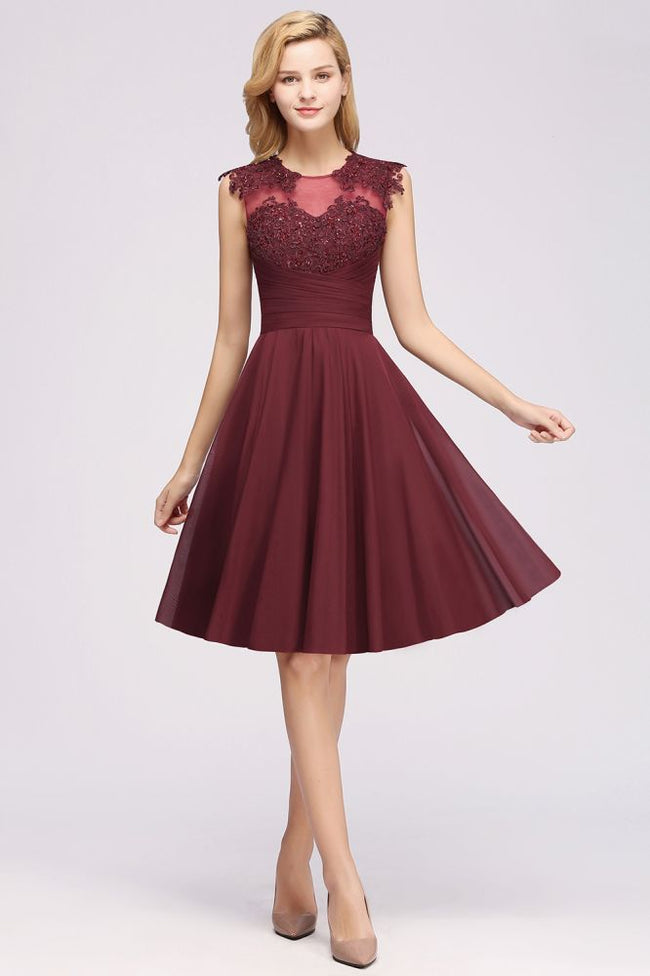 A-line Chiffon Appliques Jewel Sleeveless Knee-Length Bridesmaid Dresses with Ruffles Hover Image