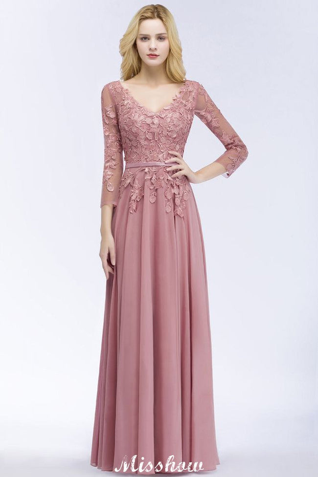 A-line Chiffon Floor-Length Bridesmaid Dress Appliques V-Neck Long-Sleeves Evening Dress Main Image