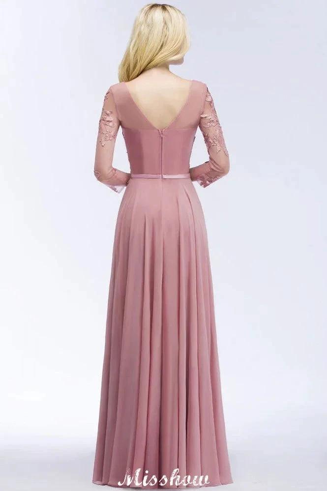A-line Chiffon Floor-Length Bridesmaid Dress Appliques V-Neck Long-Sleeves Evening Dress by misshow.com