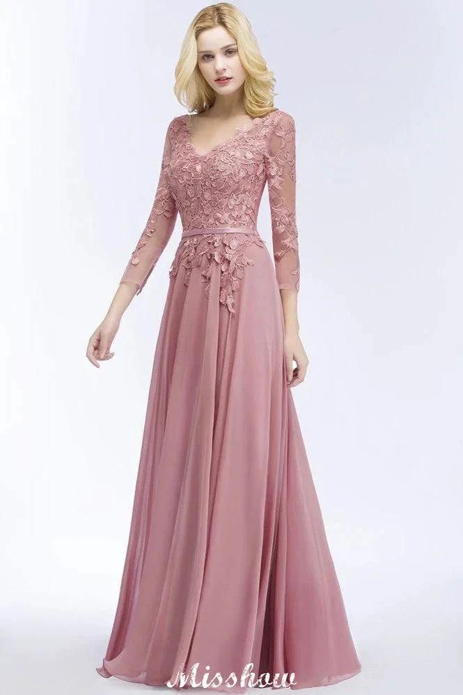 A-line Chiffon Floor-Length Bridesmaid Dress Appliques V-Neck Long-Sleeves Evening Dress by misshow.com