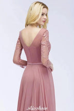 A-line Chiffon Floor-Length Bridesmaid Dress Appliques V-Neck Long-Sleeves Evening Dress by misshow.com