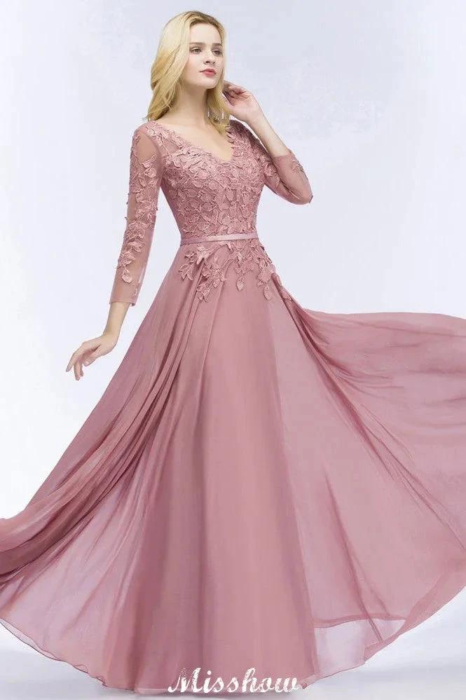 A-line Chiffon Floor-Length Bridesmaid Dress Appliques V-Neck Long-Sleeves Evening Dress by misshow.com