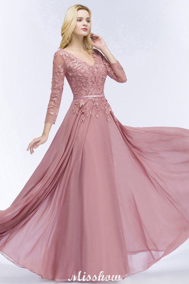 A-line Chiffon Floor-Length Bridesmaid Dress Appliques V-Neck Long-Sleeves Evening Dress Hover Image