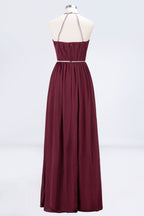 A-line Chiffon Halter Sleeveless Floor-Length Bridesmaid Dress with Beading Sash