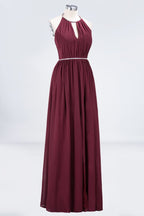 A-line Chiffon Halter Sleeveless Floor-Length Bridesmaid Dress with Beading Sash