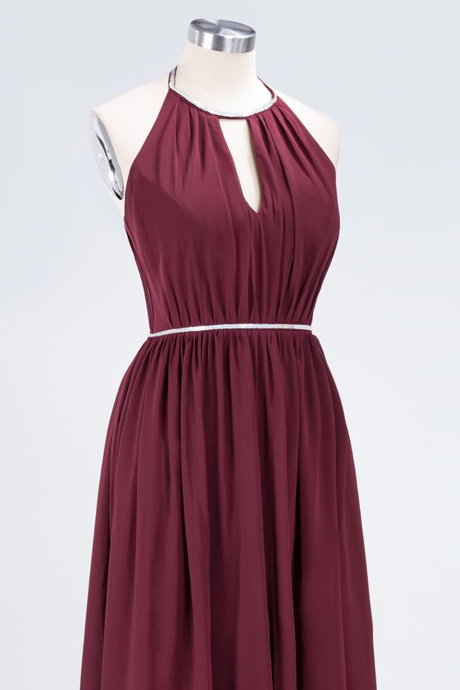 A-line Chiffon Halter Sleeveless Floor-Length Bridesmaid Dress with Beading Sash