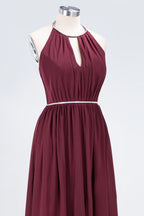 A-line Chiffon Halter Sleeveless Floor-Length Bridesmaid Dress with Beading Sash