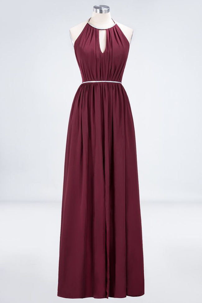 A-line Chiffon Halter Sleeveless Floor-Length Bridesmaid Dress with Beading Sash Hover Image