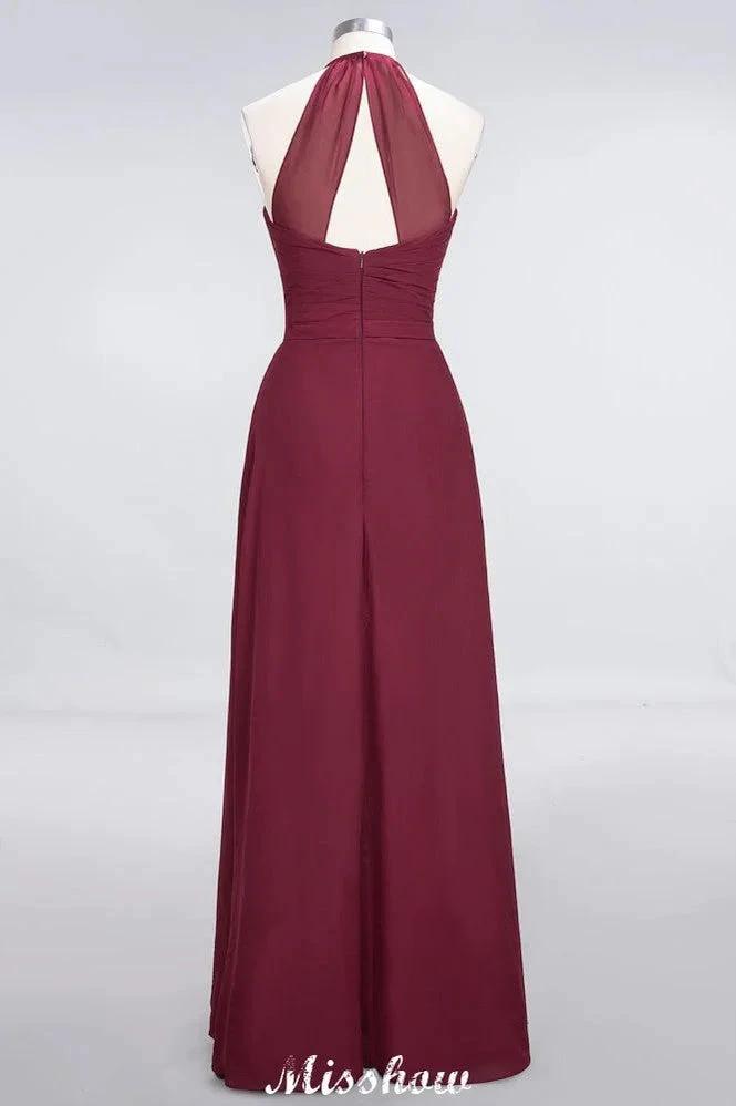 A-Line Chiffon Halter V-Neck Sleeveless Floor-Length Bridesmaid Dress with Ruffle by misshow.com
