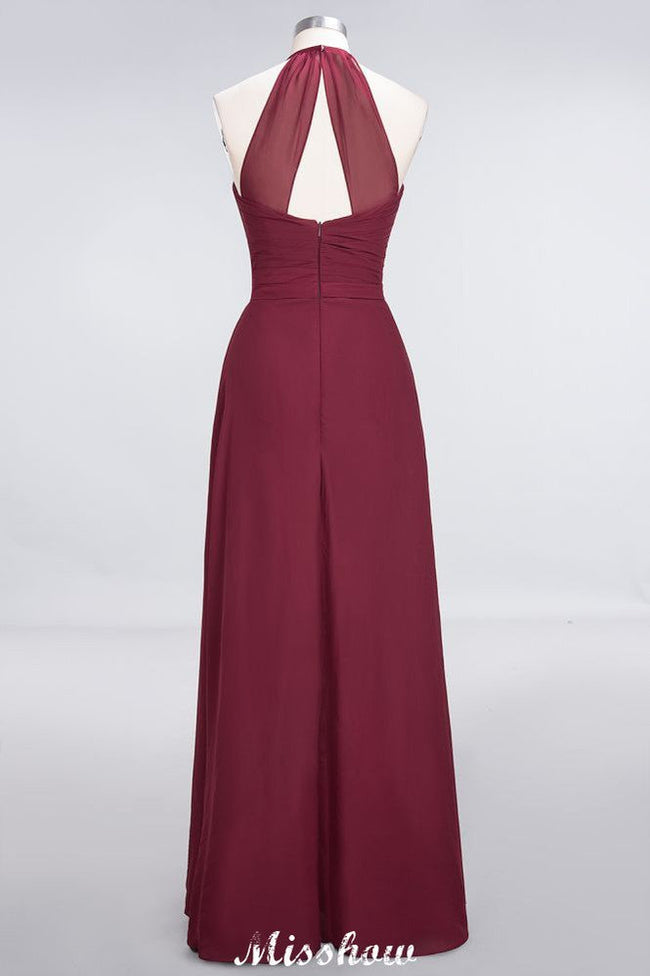 A-Line Chiffon Halter V-Neck Sleeveless Floor-Length Bridesmaid Dress with Ruffle Main Image