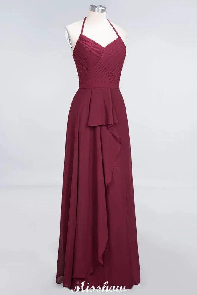 A-Line Chiffon Halter V-Neck Sleeveless Floor-Length Bridesmaid Dress with Ruffle by misshow.com