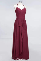 A-Line Chiffon Halter V-Neck Sleeveless Floor-Length Bridesmaid Dress with Ruffle by misshow.com