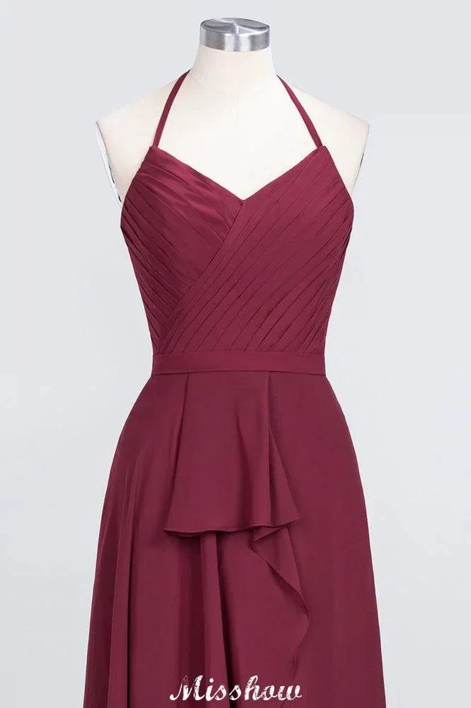A-Line Chiffon Halter V-Neck Sleeveless Floor-Length Bridesmaid Dress with Ruffle by misshow.com