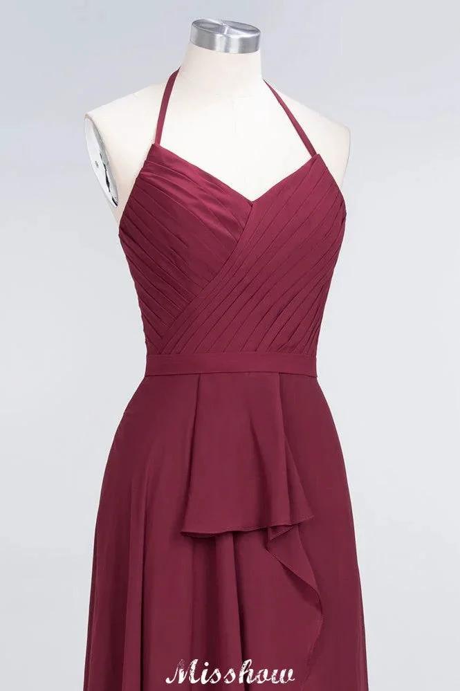 A-Line Chiffon Halter V-Neck Sleeveless Floor-Length Bridesmaid Dress with Ruffle by misshow.com