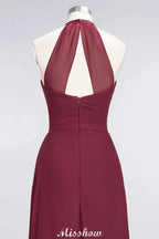 A-Line Chiffon Halter V-Neck Sleeveless Floor-Length Bridesmaid Dress with Ruffle by misshow.com
