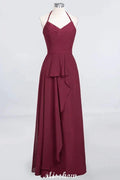 A-Line Chiffon Halter V-Neck Sleeveless Floor-Length Bridesmaid Dress with Ruffle by misshow.com